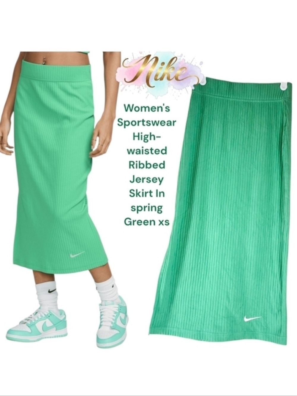 Nike Women's DV7956-363 Sportswear HR Ribbed Jersey knit Skirt spring Green XS